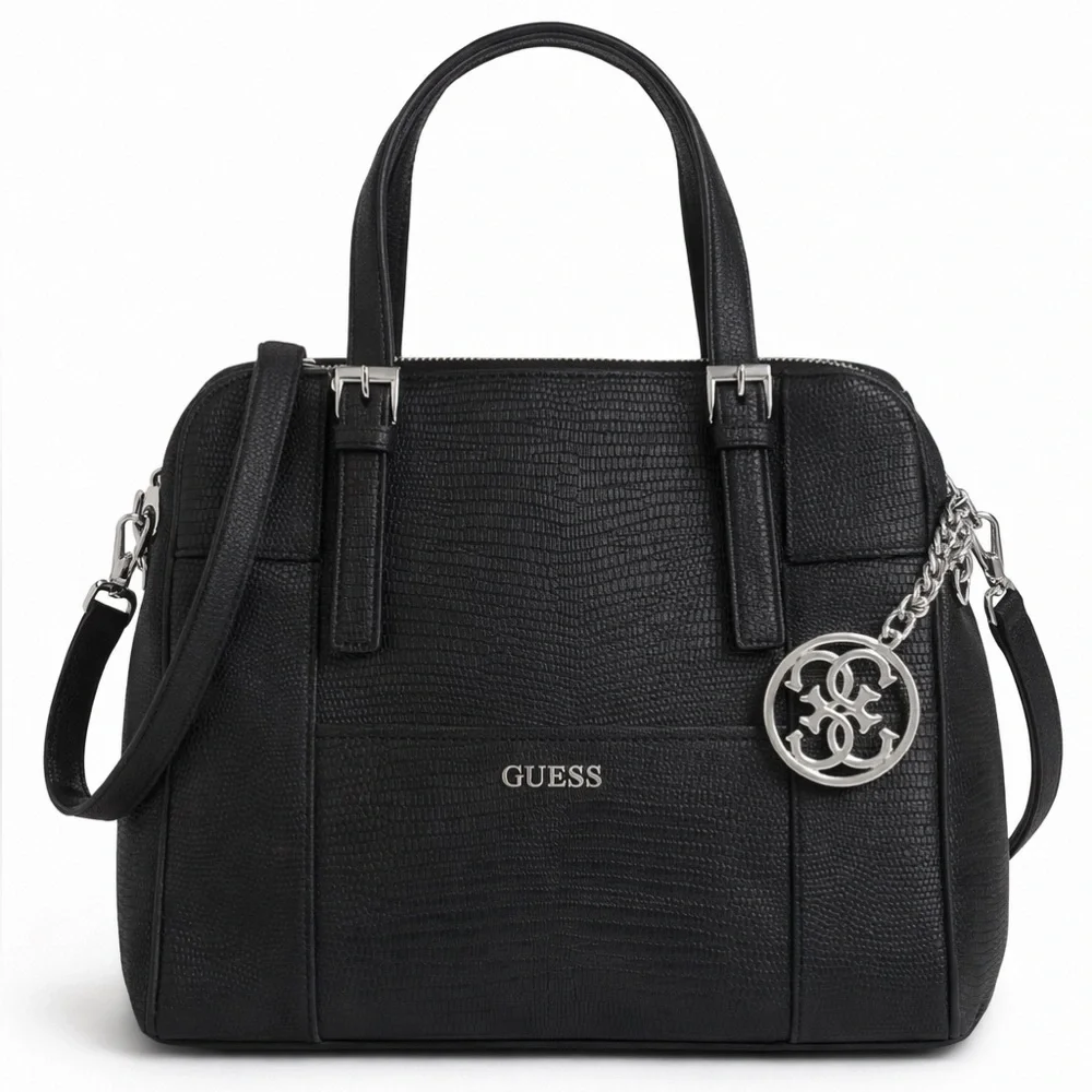 GUESS Black Textured Satchel Bag Silver Charm Structured Purse
